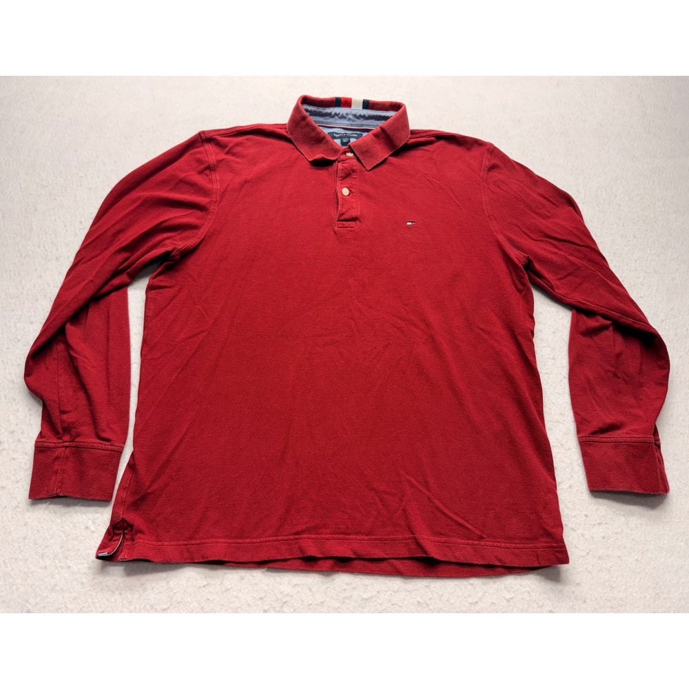 Tommy Hilfiger Mens Long Sleeve Polo Shirt Red Pique Knit Flag Logo Large